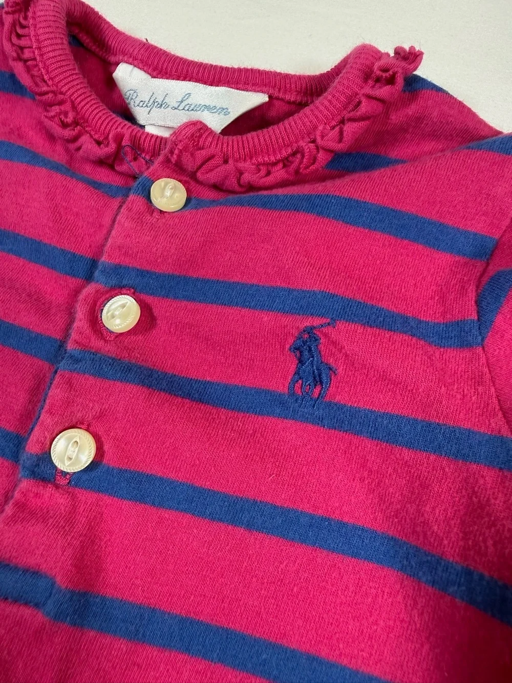 RALPH LAUREN Infant Pink Blue Striped Ruffle Hem Dress Baby Girl Size 12M Cotton